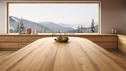 空白的木质表面准备在宽敞而现代的豪华厨房 3D 渲染中进行创意蒙太奇