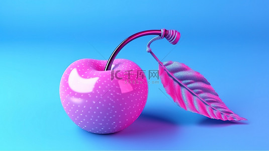 多汁的蓝色樱桃，叶子以双色调风格插图，在 3D 渲染的粉红色背景下