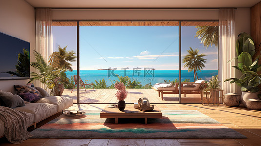 轻松的海滨住宅 3D 渲染舒适的室内海景