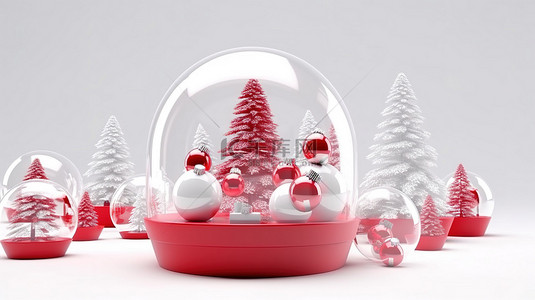 当代红色和白色玻璃圆顶圣诞树的 3D 插图和完美适合新年背景的礼物