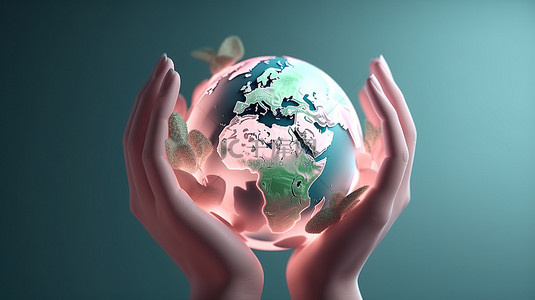 地球日庆祝活动 3D 渲染手拿着卡通风格​​的标志性地球海报卡横幅插图