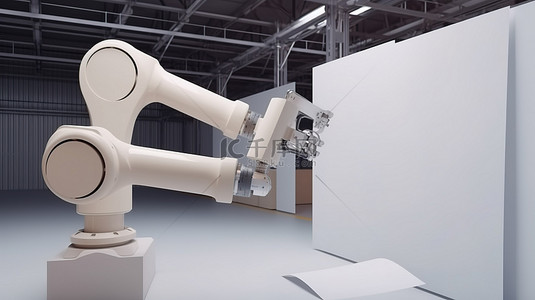 3D渲染中的工厂机器人手臂拿着一张白纸
