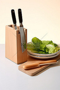 一个木制厨房收纳盒，里面有刀碗和蔬菜盘