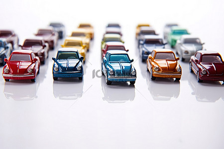 玩具交通工具背景图片_白色背景上十几辆不同颜色的玩具车
