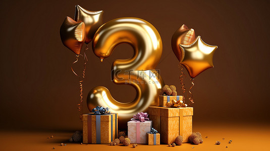 生日背景图片_金气球生日派对，配有 3D 渲染礼物，庆祝数字 3
