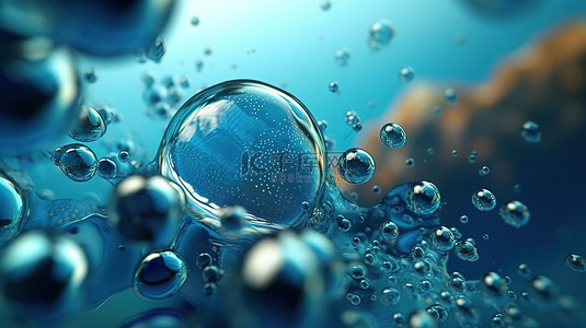 气泡的水背景图片_蓝色背景上气泡的水下 3D 渲染