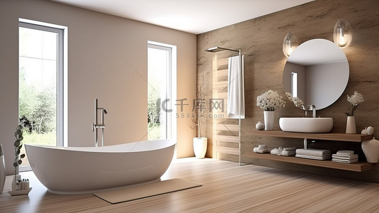 现代浴室的 3D 渲染，配有米色墙壁椭圆形镜子白色盆浴缸和镶木地板