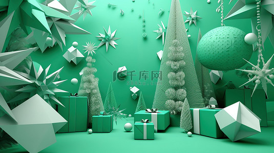 喜庆的 3d 绿纸工艺品，上面挂着雪花礼盒树木星星和圣诞糖果