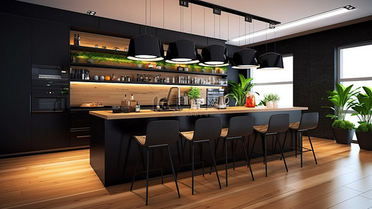 厨房一角背景图片_时尚的厨房设计与优雅的黑色 Maramor 酒吧 3D 渲染
