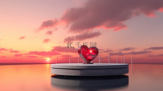 浪漫情人节与 3D 基座和日落背景高级图片