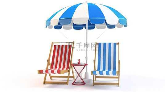白色和蓝色海滩场景 3D 渲染躺椅伞救生圈和白色背景上的沙滩球