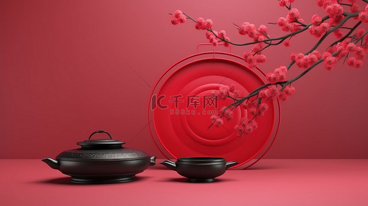元宵节灯笼海报背景图片_中国灯笼和红盘背景，带有樱花装饰，用于 3D 产品渲染