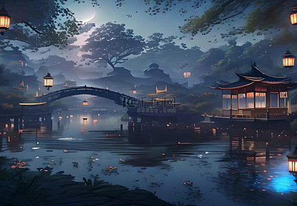 夜景背景图片_中国风船只夜景风景插画