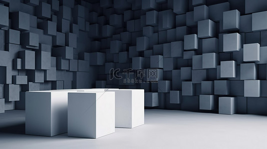 白色立方体背景图片_白色立方体盒子，配有蓝色蓝宝石水泥墙设计作为 3D 渲染