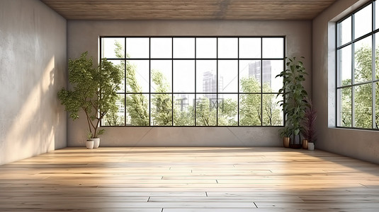 浅色木板背景图片_令人惊叹的现代房间的高品质 3D 渲染，配有浅色墙壁和大窗户
