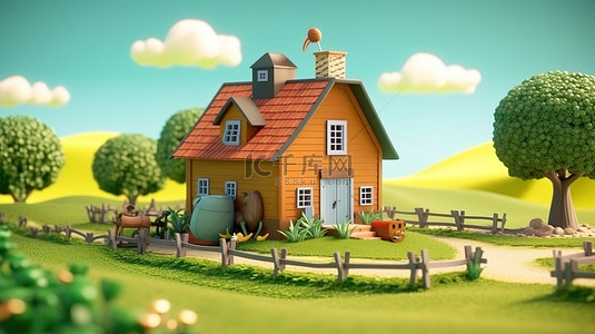 卡通2.5d房子背景图片_农舍卡通背景异想天开的插图，以农场上古雅的宅基地为特色