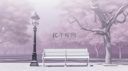 卡通公园长椅背景图片_淡紫色公园中的老式长椅 3D 渲染