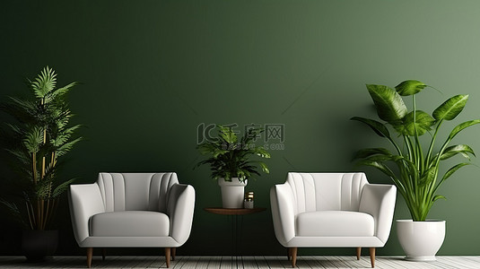 家具背景图片_现代室内设计，配有白色扶手椅和绿色植物花瓶，在充满活力的绿色背景下进行 3D 渲染