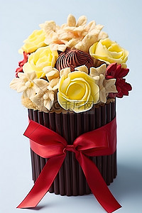 用鲜花和丝带装饰的巧克力蛋糕