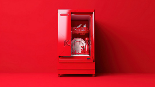 洗碗背景图片_红色背景下洗碗机和冰箱的红色单色3D图标