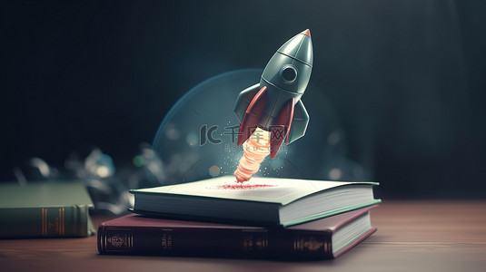 教育起飞，3D 火箭从书籍背景发射，宇宙飞船图标回到学校场景 3D 渲染