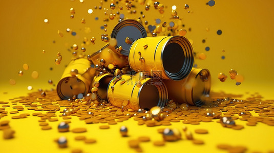 倾倒金属桶是工业环境中昂贵柴油的象征 3d 渲染黄色背景