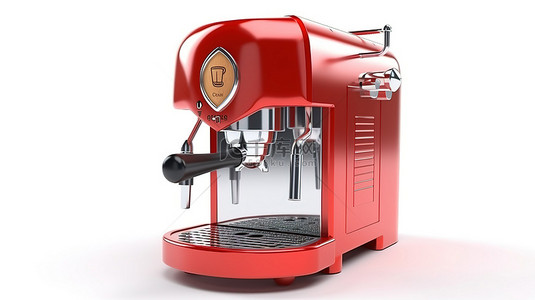 白色背景浓缩咖啡机的 3D 渲染，带有红色金属保修盾以提供保护