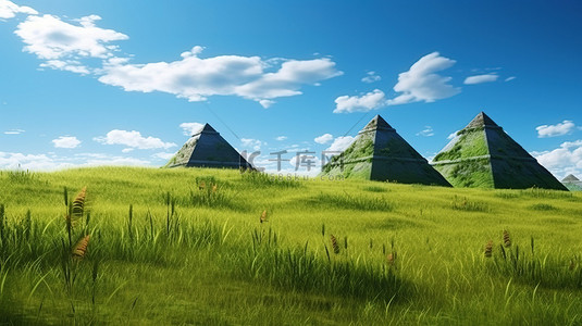雄伟的金字塔位于茂密的雨林和青翠的草地之间 3D 插图