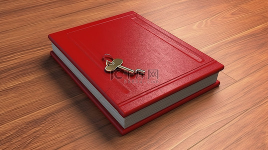锁定的红书搁在 3D 渲染的木质表面上