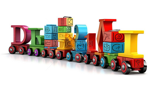 教育logo背景图片_带有字母学习块的玩具火车，以 3D 渲染并隔离在白色背景上