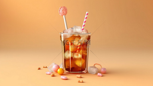米色背景 3D 渲染上带有冰吸管和糖果的清凉饮料