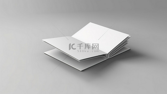 方形小册子小册子和邀请函的真实 3D 渲染，带有硬封面和灰色背景上的阴影