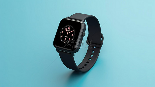时尚的黑色智能手表，带表带和蓝色背景 3D 渲染模型上的可编辑屏幕