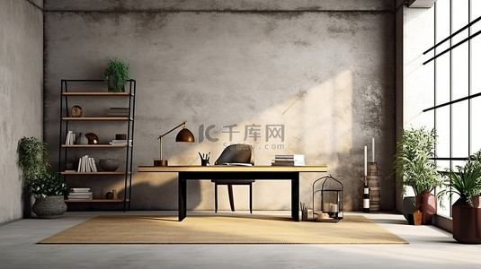 宽敞的客厅中配有工业混凝土墙 3D 渲染的现代办公桌展示