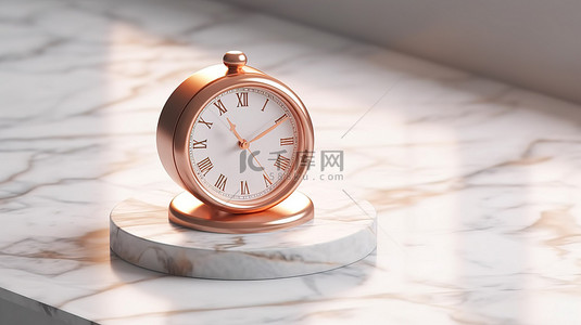 白色大理石讲台上呈现的青铜时钟符号非常适合网站社交媒体设计模板和演示 3D 渲染