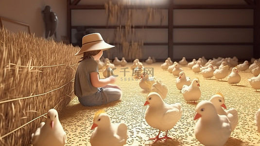 一个戴着草帽在养鸡场工作的小男孩的 3D 插图