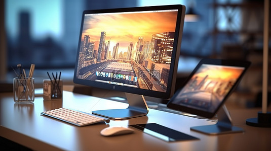 办公室桌面，电脑屏幕上有用品和反射，3D 渲染的特写视图