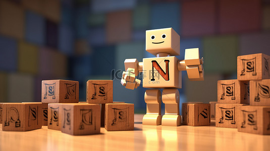 机器人和木立方体的 3D 渲染代表成功的金融和投资