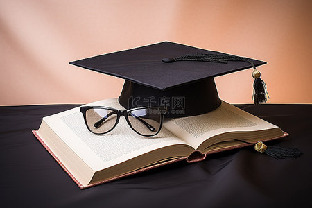 一本打开的书上的毕业帽子和眼镜