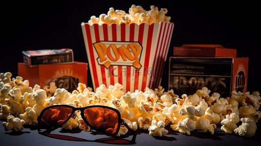 电影票可乐背景图片_爆米花和 3D 眼镜是电影院的完美搭配