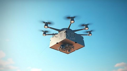 收纳篮图图背景图片_在 3D 渲染中，满载箱子的无人机在蓝天中翱翔