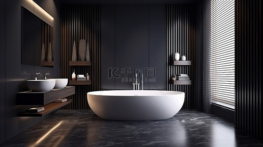 豪华黑暗浴室和厕所的精致 3D 渲染