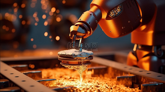 金属字背景图片_3d 渲染的机械臂将熔融金属倒入模具中，用于自动化工业生产