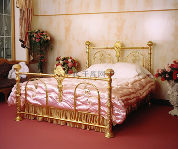 金色的床背景图片_带床栏的金色雪橇床