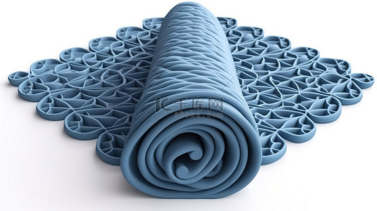白色背景下 3D 渲染中蓝色瑜伽垫的顶视图
