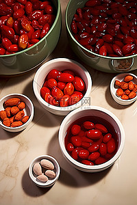 几个碗，里面装满了红色和绿色的樱桃以及杏仁