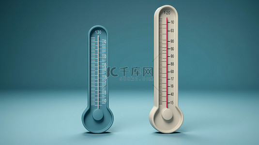 寒冷的冬季概念 3D 渲染蓝色背景低温，摄氏和华氏温度计全景