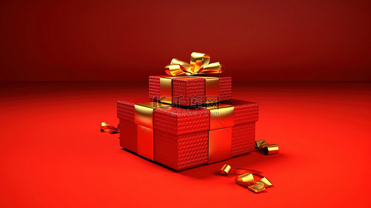 红金色丝带背景图片_红色背景上金色丝带礼品盒的 3D 插图