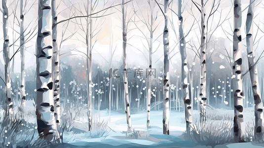 黑背景图片_冬季仙境白桦林抽象水彩画笔 3D 插图