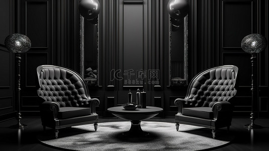 经典黑色背景图片_扶手椅和咖啡桌的经典黑色室内 3D 渲染